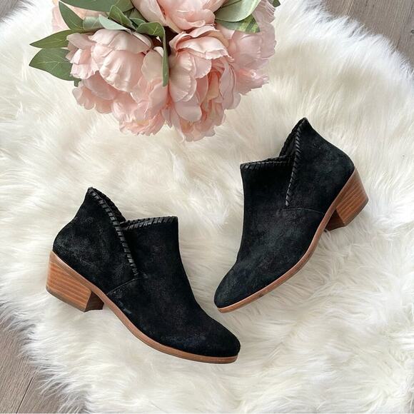 Jack Rogers Sadie Black Suede Leather Woven Heeled Booties 5 - Picture 1 of 8